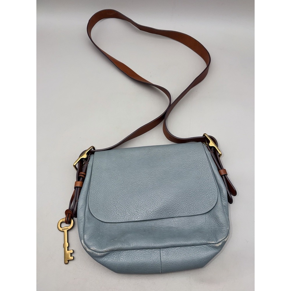 Fossil Harper Blue Leather Crossbody Messenger Bag Brass Key Adjustable Strap